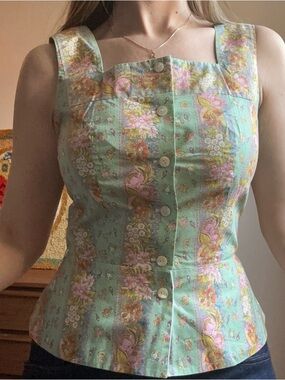 Floral Handmade Button-Front Mint Green Cotton Tank Top